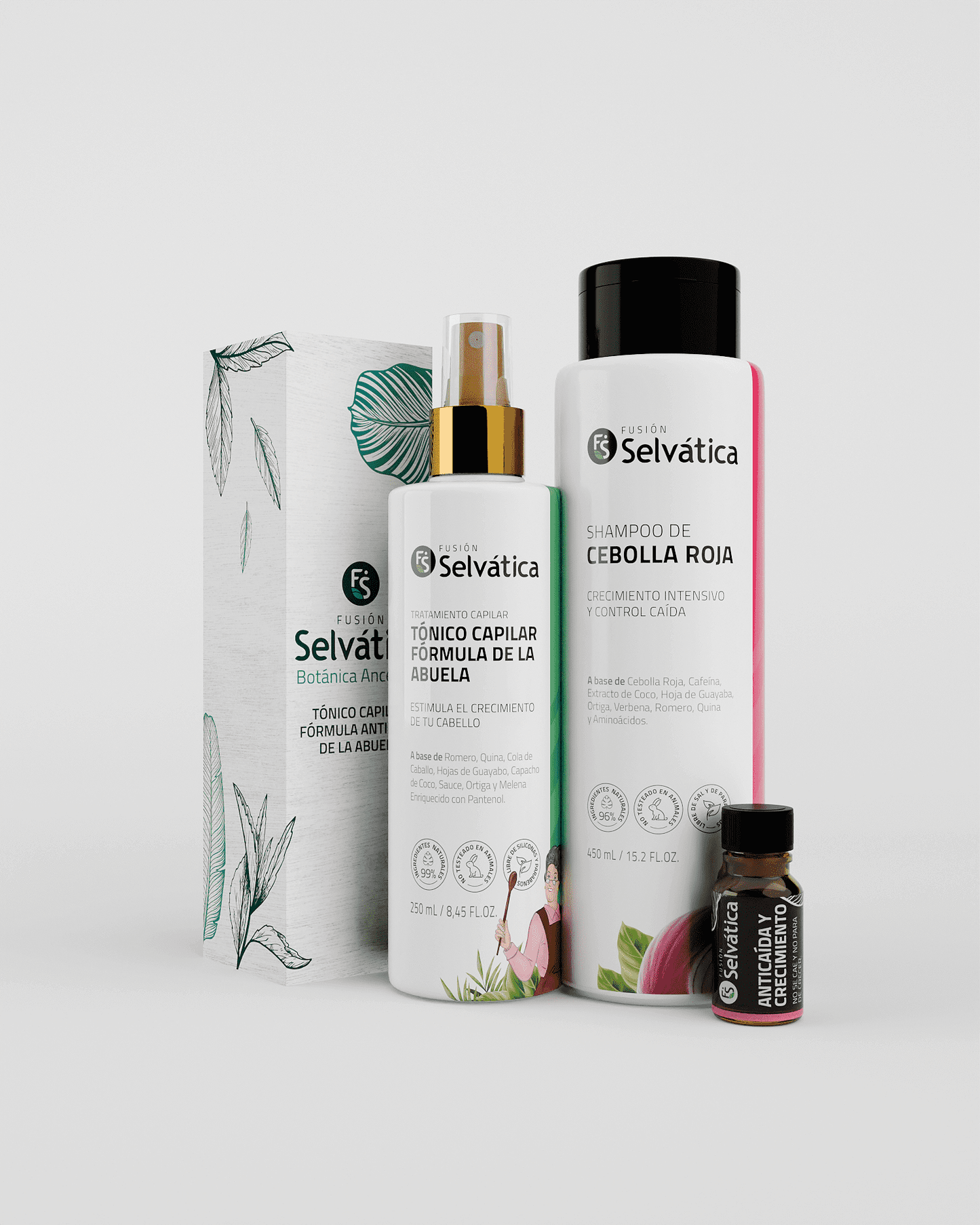 Trío Anticaída y Crecimiento Capilar Mujer – Shampoo de Cebolla Roja + Tónico + Ampolleta | Fusión Selvática