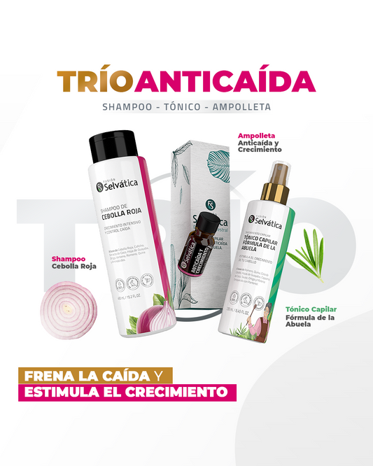 Trío Anticaída y Crecimiento Capilar Mujer – Shampoo de Cebolla Roja + Tónico + Ampolleta | Fusión Selvática