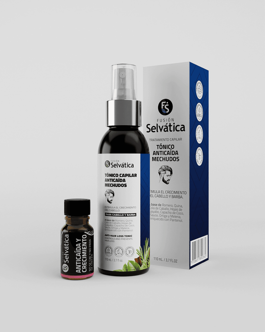 Dúo Anticaída y Crecimiento Capilar para Hombres – Tónico Mechudos + Ampolleta | Fusión Selvática